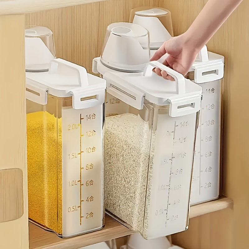Set of 4, 5-Pound Rice Storage Containers with Airtight Seals, Designed for Dry Grains. These Transparent Plastic Boxes Feature a Pouring Spout And Are Suitable for Storing Grains, Meats, Flour, And Snacks.