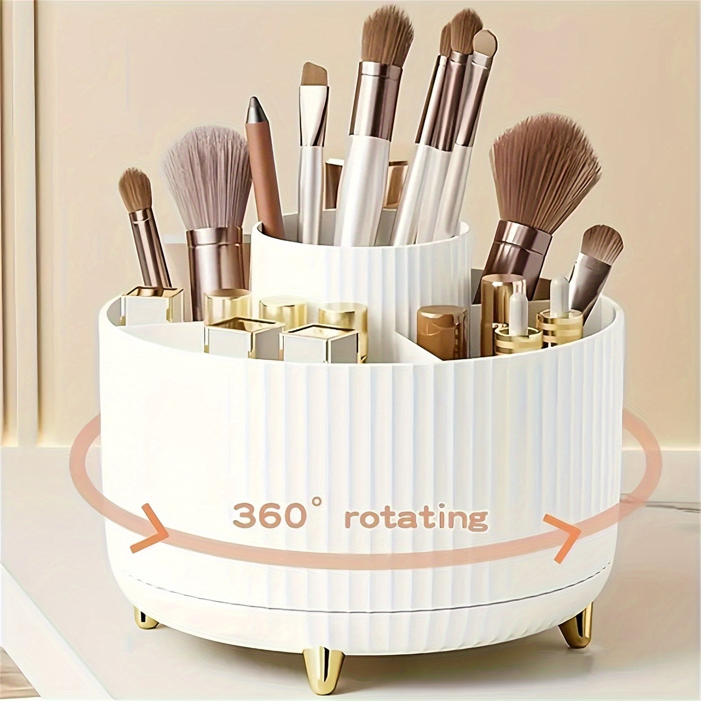 360° Rotating Makeup Organizer - 1pc Plastic Cosmetic Storage with 5 Compartments - Multi-Functional Holder for Brushes, Lipsticks, Light Beige Care Products, and Stationery - Durable Unscented Desk Caddy with Luxury Stripe Design, Perfume Organizer