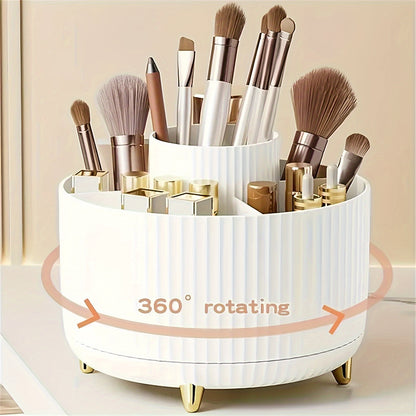 360° Rotating Makeup Organizer - 1pc Plastic Cosmetic Storage with 5 Compartments - Multi-Functional Holder for Brushes, Lipsticks, Light Beige Care Products, and Stationery - Durable Unscented Desk Caddy with Luxury Stripe Design, Perfume Organizer