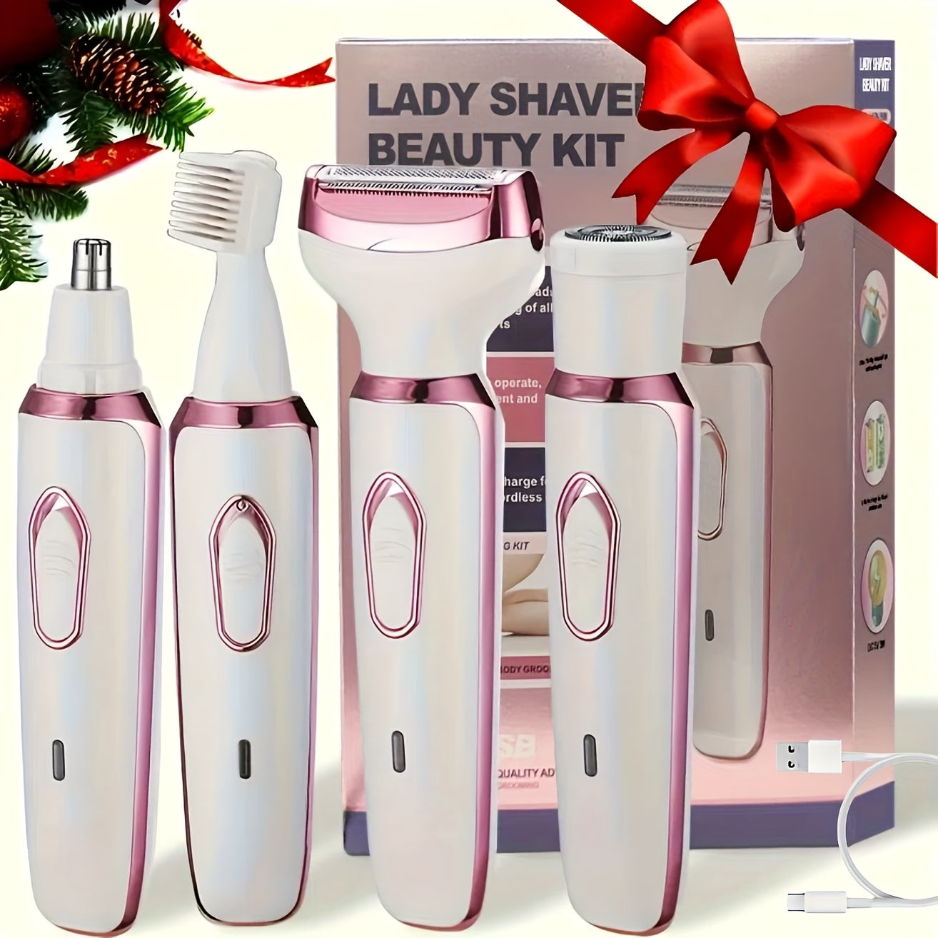 [4-in-1 Painless Razor for Women] 4-in-1 Rechargeable Electric Razor for Women - Face, Nose, Legs, Underarm, Bikini Trimmer - Wet & Dry, Painless Grooming Kit - Portable & Rechargeable