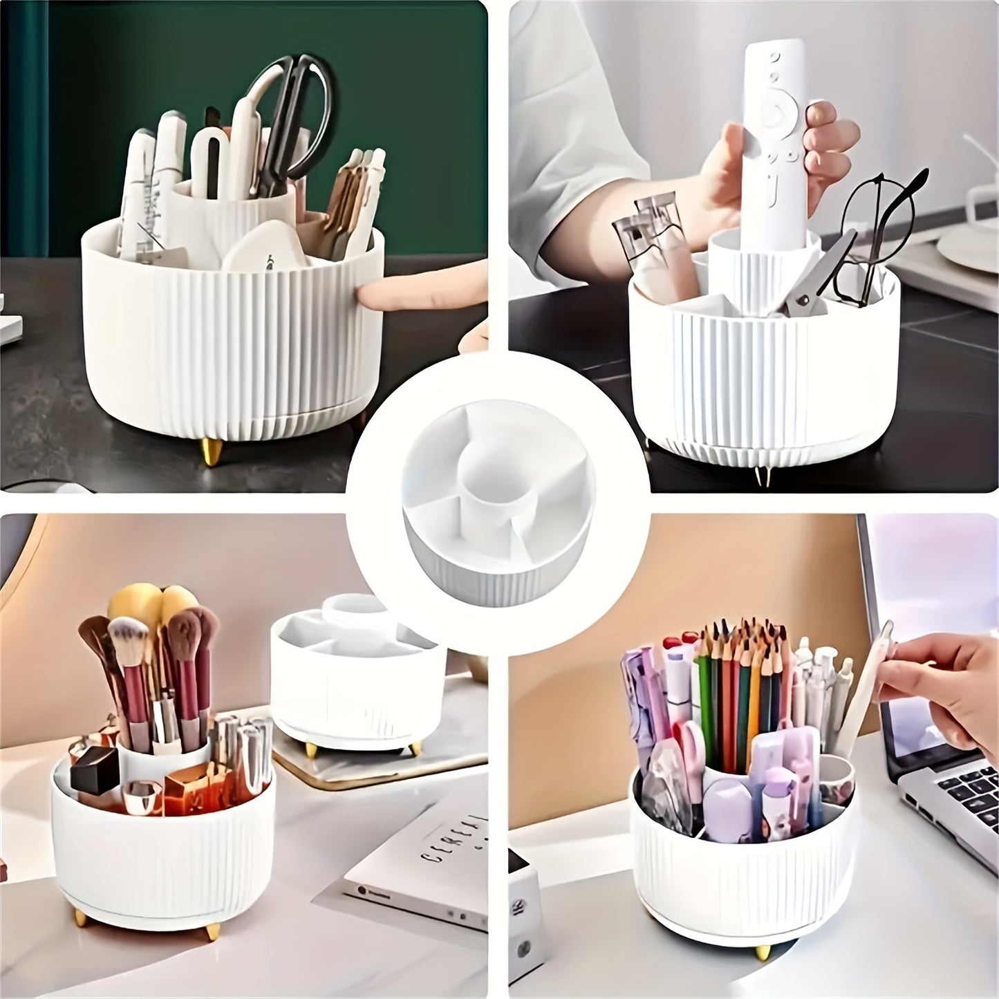 360° Rotating Makeup Organizer - 1pc Plastic Cosmetic Storage with 5 Compartments - Multi-Functional Holder for Brushes, Lipsticks, Light Beige Care Products, and Stationery - Durable Unscented Desk Caddy with Luxury Stripe Design, Perfume Organizer