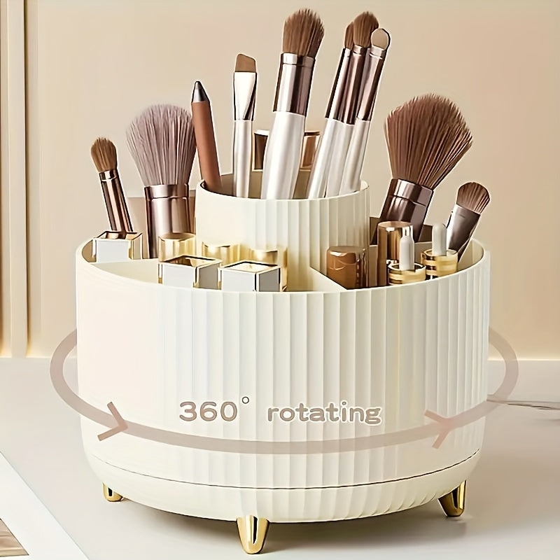 360° Rotating Makeup Organizer - 1pc Plastic Cosmetic Storage with 5 Compartments - Multi-Functional Holder for Brushes, Lipsticks, Light Beige Care Products, and Stationery - Durable Unscented Desk Caddy with Luxury Stripe Design, Perfume Organizer