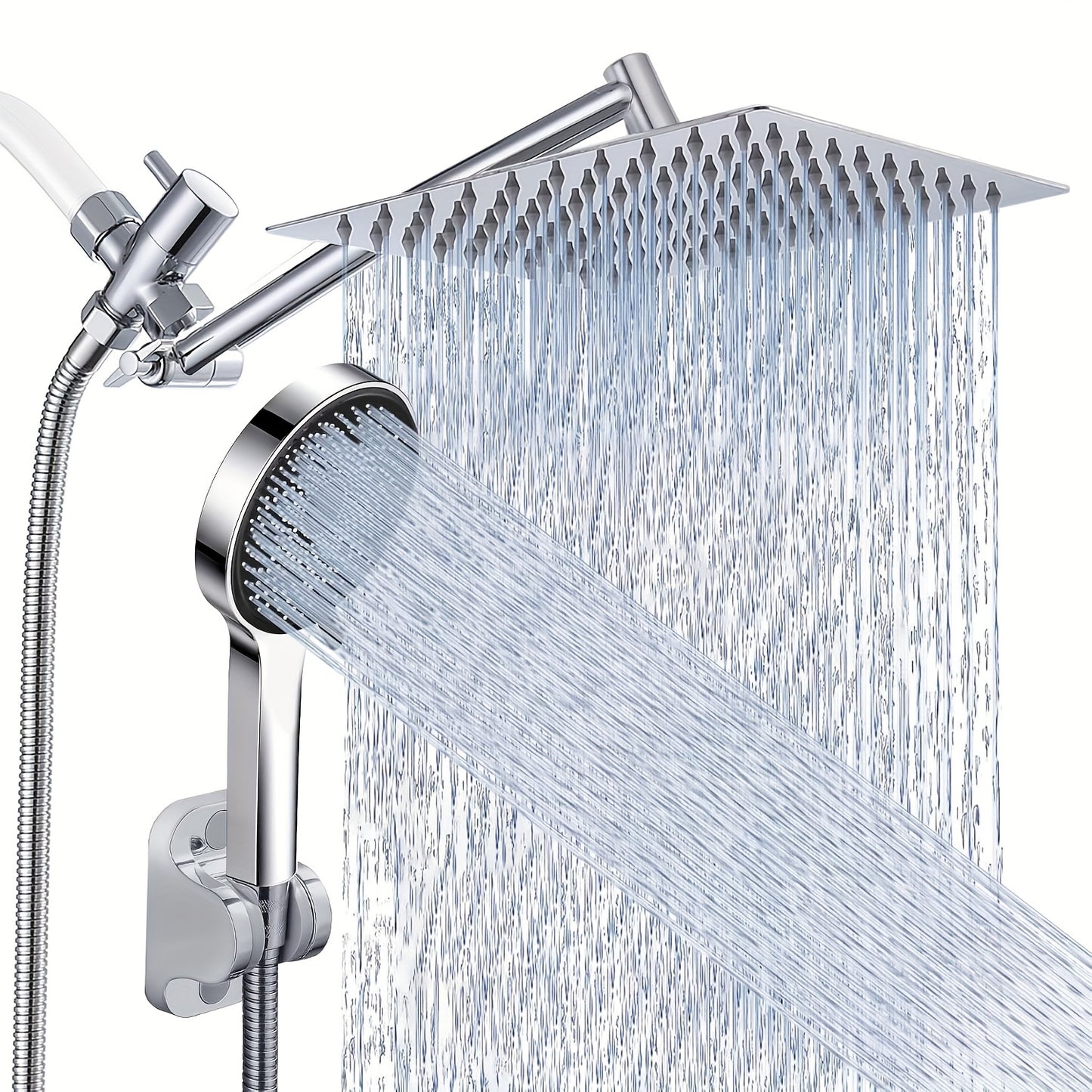 Shower Head, High Pressure Rainfall/Handheld Shower Combo with 11'' Extension Arm, 3 Settings, Anti-Leak Shower Head with Holder, Height/Angle Adjustable, Chrome, Matte Black