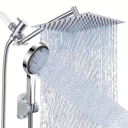 Shower Head, High Pressure Rainfall/Handheld Shower Combo with 11'' Extension Arm, 3 Settings, Anti-Leak Shower Head with Holder, Height/Angle Adjustable, Chrome, Matte Black
