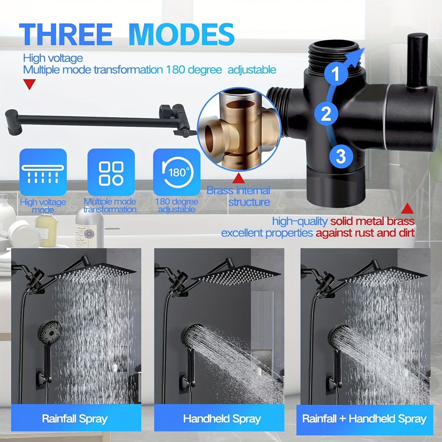 Shower Head, High Pressure Rainfall/Handheld Shower Combo with 11'' Extension Arm, 3 Settings, Anti-Leak Shower Head with Holder, Height/Angle Adjustable, Chrome, Matte Black