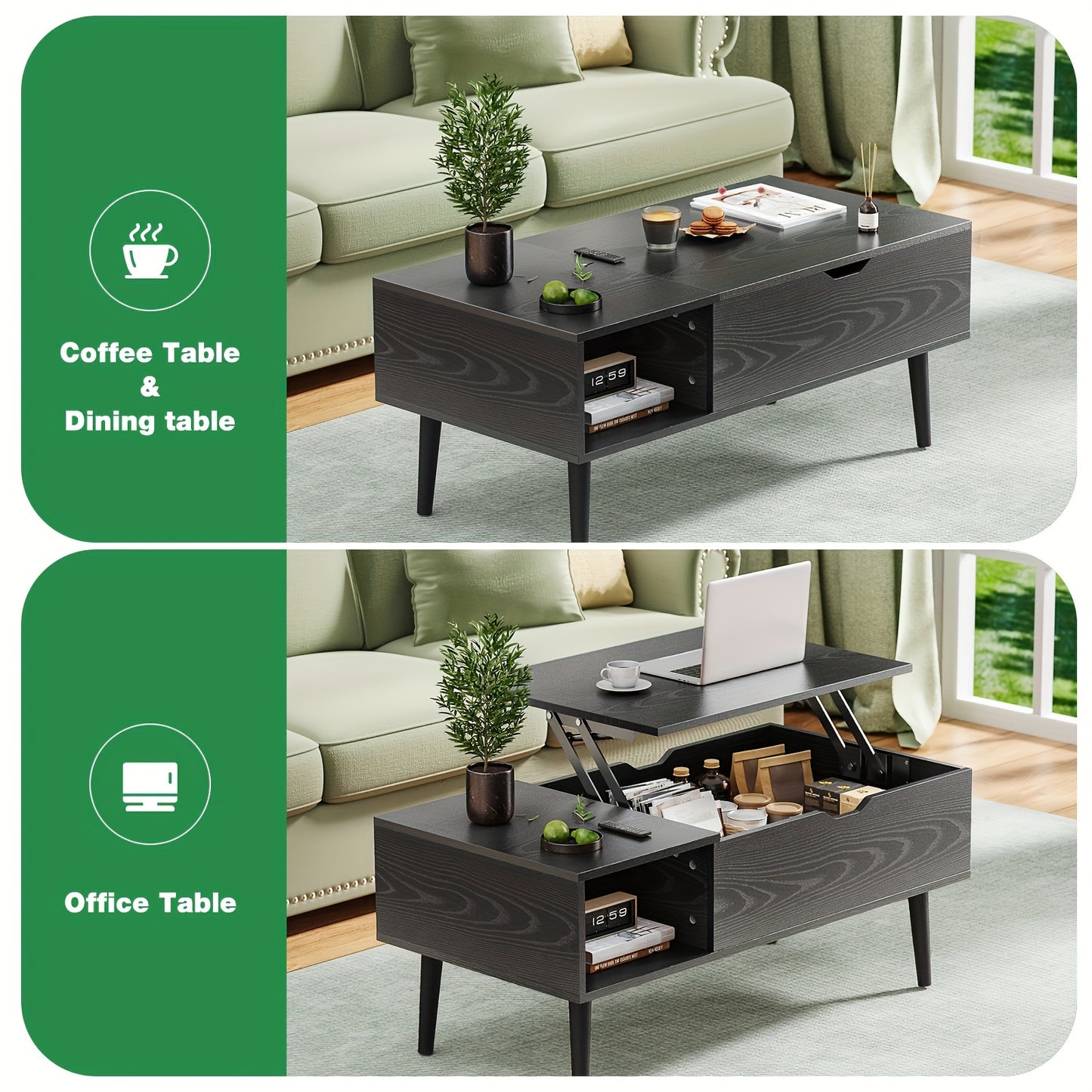 Versatile Lift Top Small Rising Wooden Dining Center Table - Elegant Black Coffee Table For Living Room - With Storage Shelf And Hidden Compartment, Ideal For Organizing And Enhancing Your Living Space