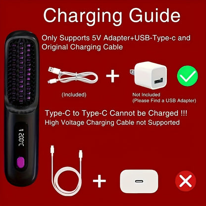 Portable Wireless Hair Straightener Comb | USB Charging, 3-speed Temperature Control, Negative Ion Technology, Long-lasting Luster, LED Display, Lightweight, Perfect for Travel, Includes Comb and Clip.