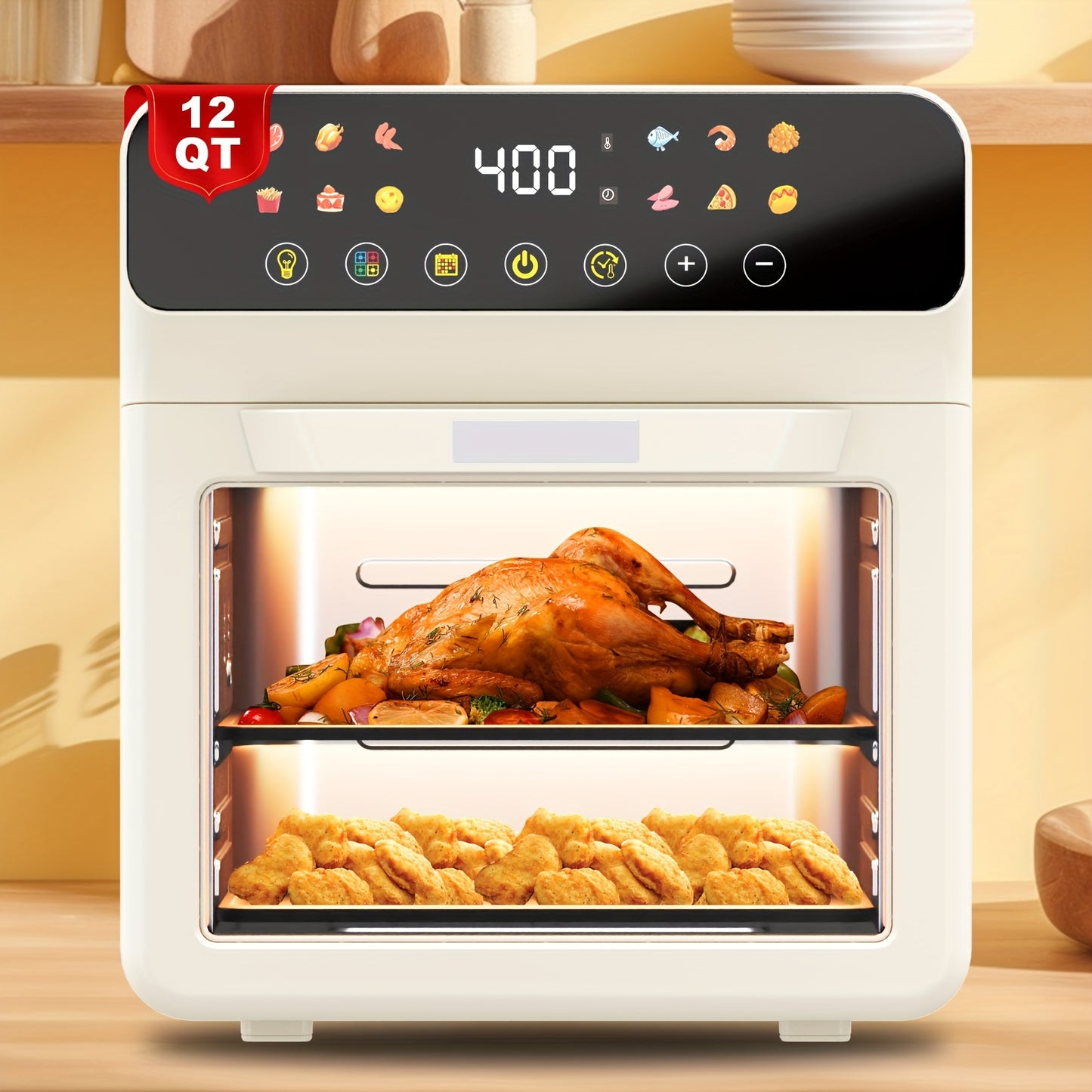 [Smart Air Fryer Oven] 12-in-1 Large 12-quart Air Fryer Oven | 12 One-Touch Preset Functions, Smart Cook Program, Two Baking Pan Accessories, Viewing Window, Interior Light, Adjustable Time & Temp, Oil-Free Family Cooker, Kitchen Appliances