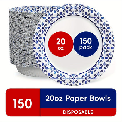 Disposable Paper Bowls, Strong, Soak Proof, Microwave Safe, 20oz, Patterned, 150 Count,  Picnic Essentials, Elegant Disposables, Festive Tableware, Soakproof Material, Durable Disposable, Paper Cups, Bulk Disposables, Event Planners