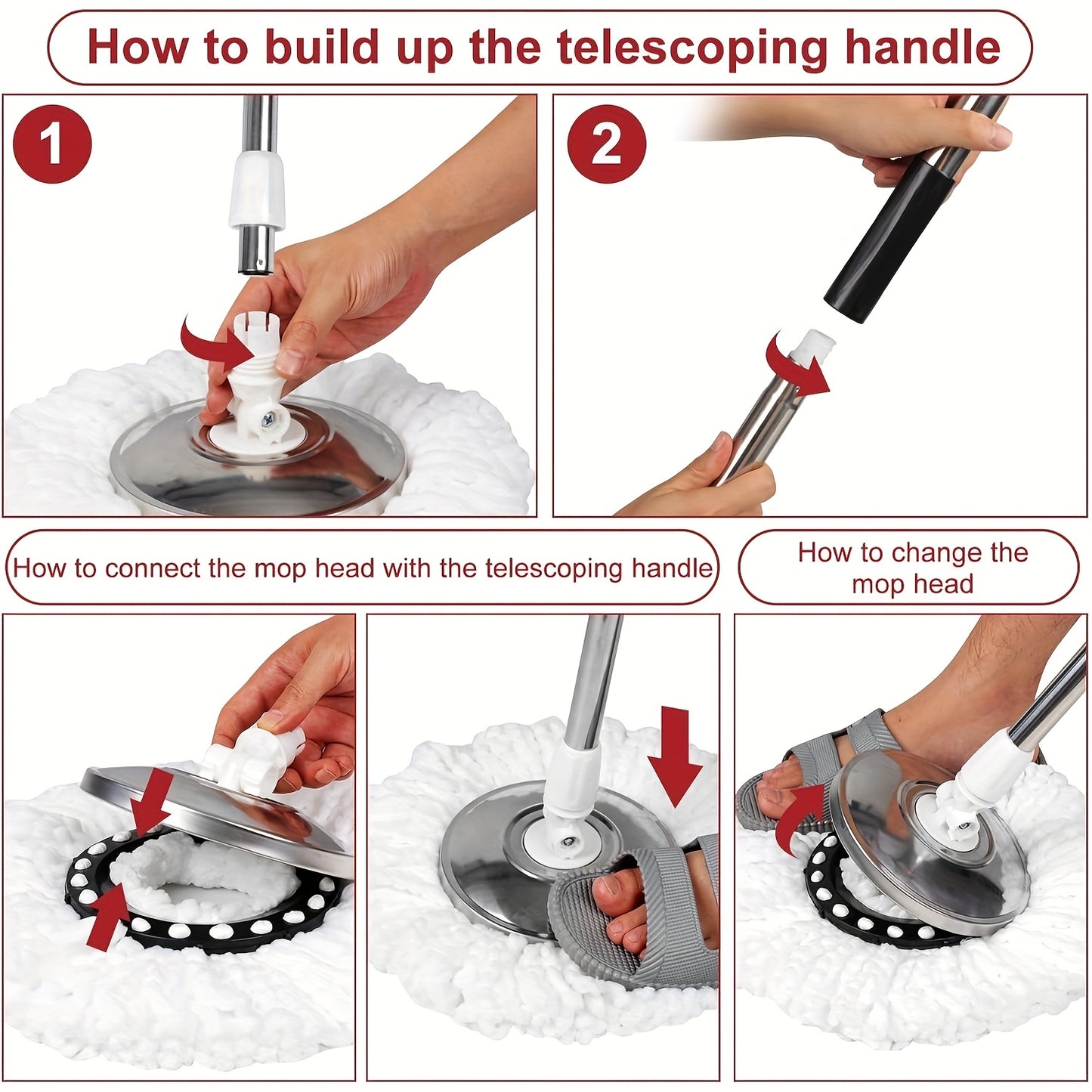 Heavy-Duty Spin Mop and Bucket with Wringer Set - Commercial/Residential Floor Cleaning System with 360° Spinning Bucket, 4 Microfiber Mop Heads & Adjustable Stainless Steel Handle, Space-Saving Mop System