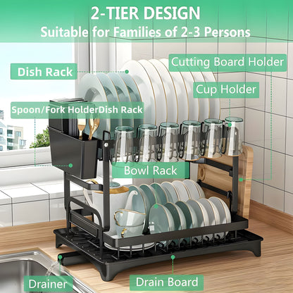 Savemora 2-Tier Dish Drying Rack with Auto-Drain & Utensil Holder – Space-Saving Kitchen Counter Organizer