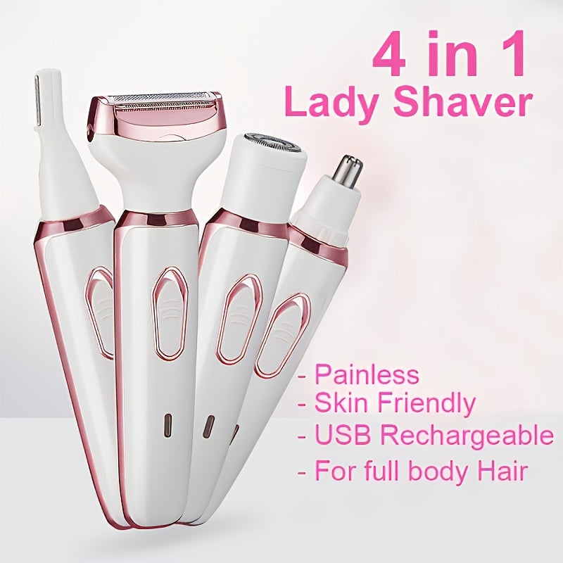 [4-in-1 Painless Razor for Women] 4-in-1 Rechargeable Electric Razor for Women - Face, Nose, Legs, Underarm, Bikini Trimmer - Wet & Dry, Painless Grooming Kit - Portable & Rechargeable