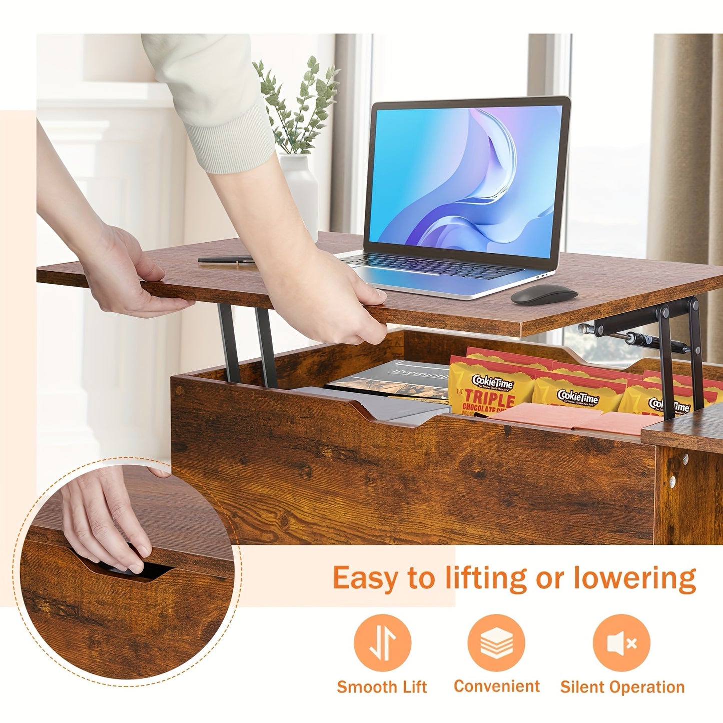 Versatile Lift Top Small Rising Wooden Dining Center Table - Elegant Black Coffee Table For Living Room - With Storage Shelf And Hidden Compartment, Ideal For Organizing And Enhancing Your Living Space